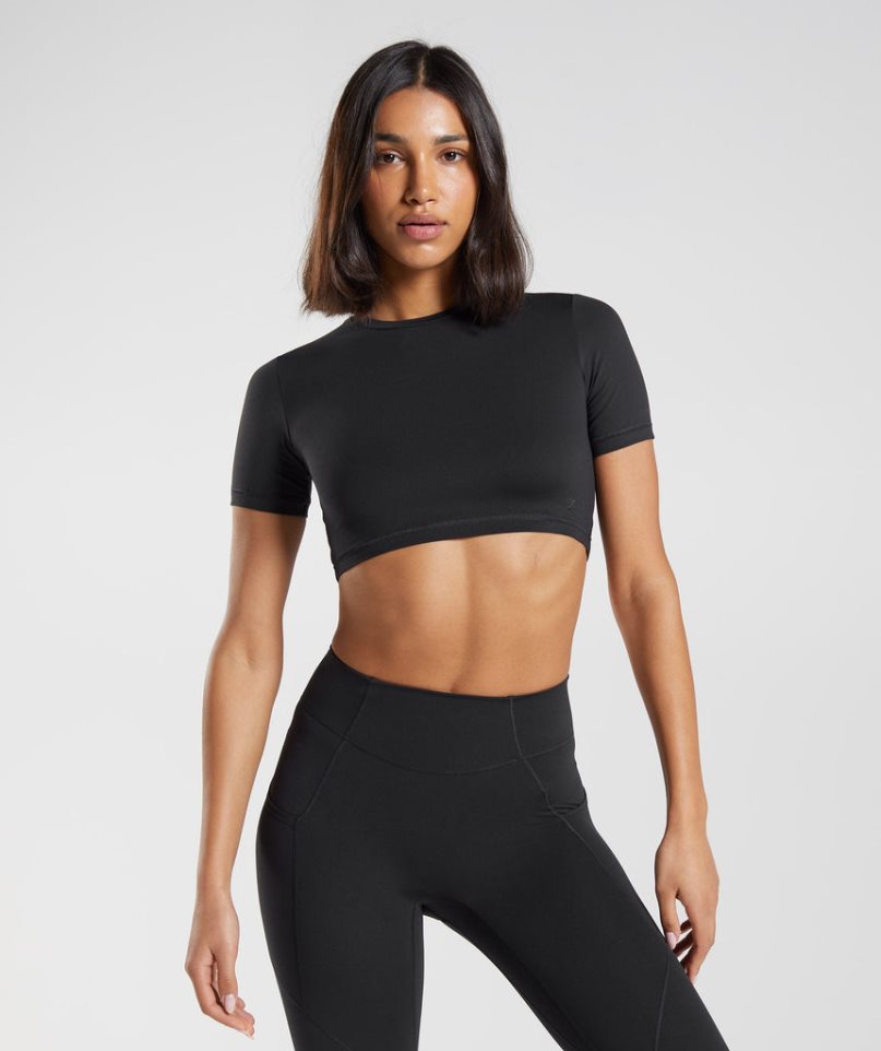 Przycięte Topy Gymshark Whitney Krótkie Sleeve Damskie Czarne | PL 638AOH